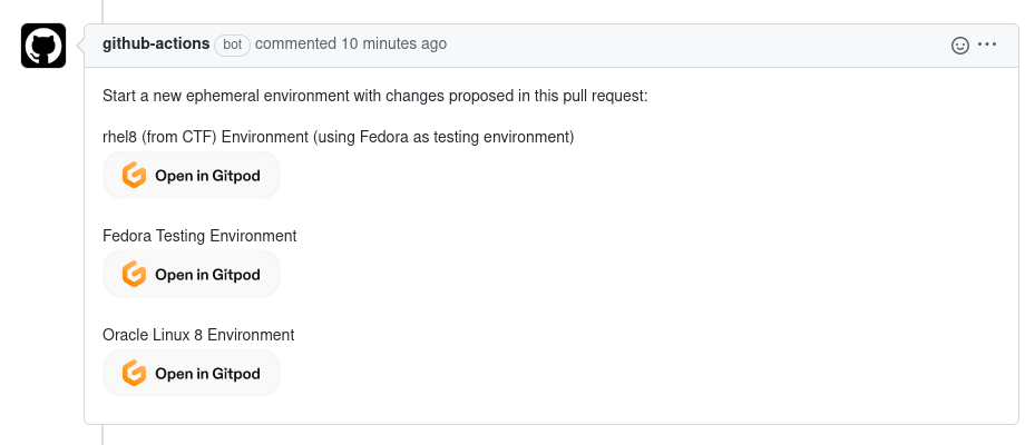 Comment on a Pull Request containing links that create Gitpod Environments with different parameters